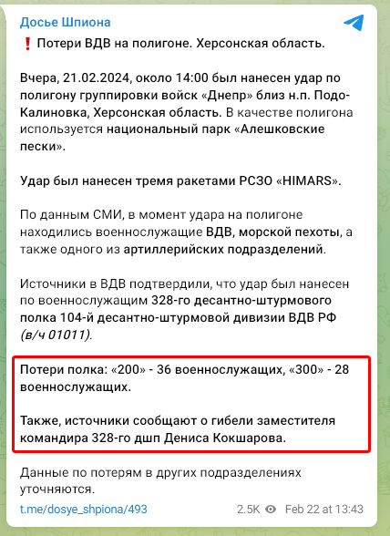 Втрати ЗС РФ внаслідок удару по полігону в Херсонській області 21.02.2024